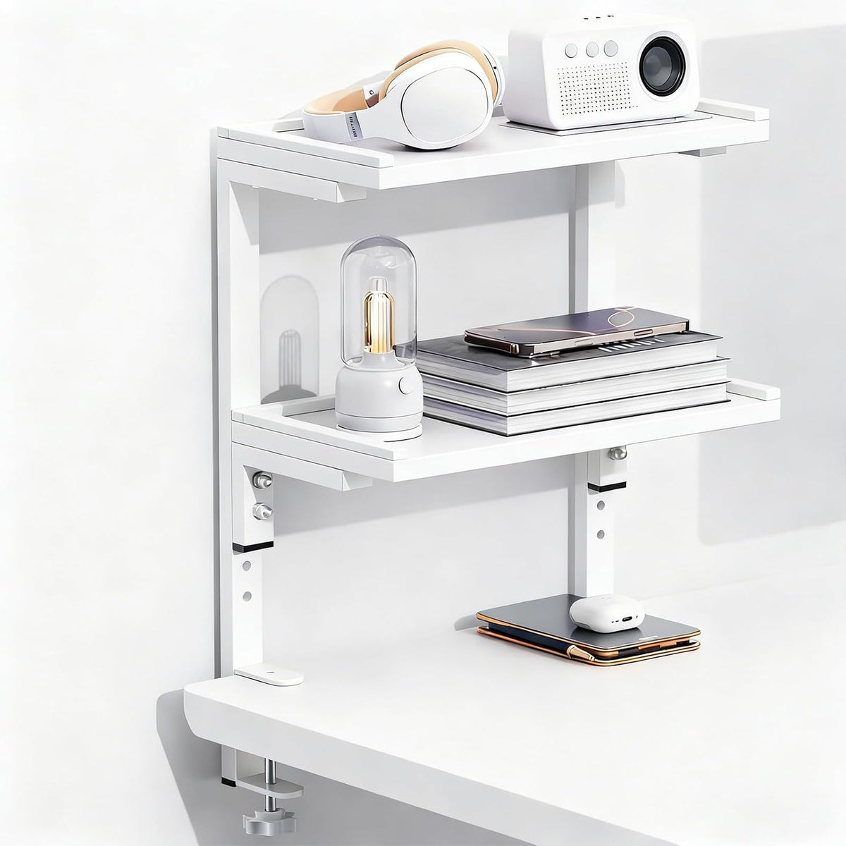 Spacrea clamp on Desk Shelf, 2 Tier Office Desk Shelves Organizer, Wood Desktop Supplies Storage Rack, Desk Organizers and Accessories (Black)