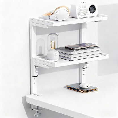 Spacrea clamp on Desk Shelf, 2 Tier Office Desk Shelves Organizer, Wood Desktop Supplies Storage Rack, Desk Organizers and Accessories (Black)