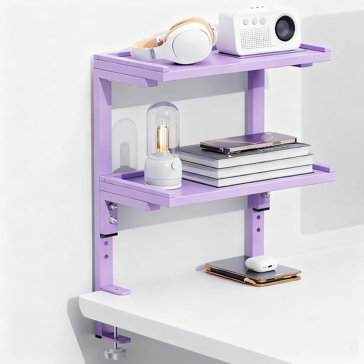 Spacrea clamp on Desk Shelf, 2 Tier Office Desk Shelves Organizer, Wood Desktop Supplies Storage Rack, Desk Organizers and Accessories (Black)