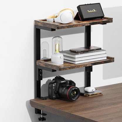 Spacrea clamp on Desk Shelf, 2 Tier Office Desk Shelves Organizer, Wood Desktop Supplies Storage Rack, Desk Organizers and Accessories (Black)