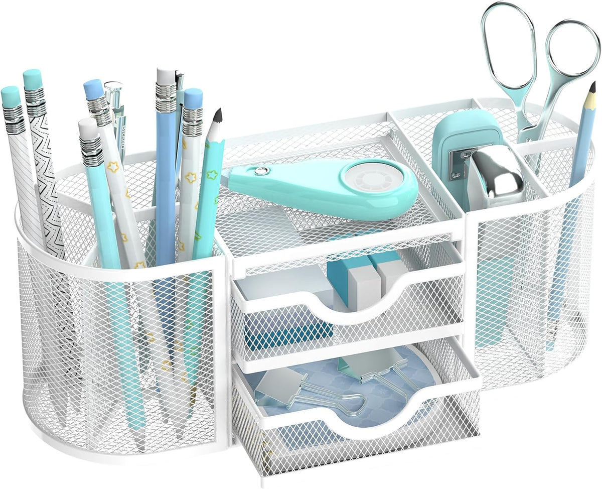 SUPEASY Mesh Desk Organizer, Desk Organizers and Accessories, Pen Holder with Drawers, Pencil Holder for Desk with 2 Drawer for Office Supplies, Black