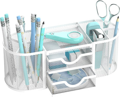 SUPEASY Mesh Desk Organizer, Desk Organizers and Accessories, Pen Holder with Drawers, Pencil Holder for Desk with 2 Drawer for Office Supplies, Black