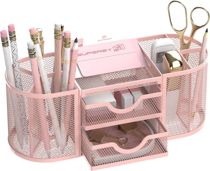 SUPEASY Mesh Desk Organizer, Desk Organizers and Accessories, Pen Holder with Drawers, Pencil Holder for Desk with 2 Drawer for Office Supplies, Black
