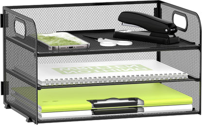 DALTACK 3 Tier Paper Organizer with Handle, Mesh Metal Desk Organizer with Sliding Paper Trays for Letter/A4 Paper, Mail, Bills & Folders, Black
