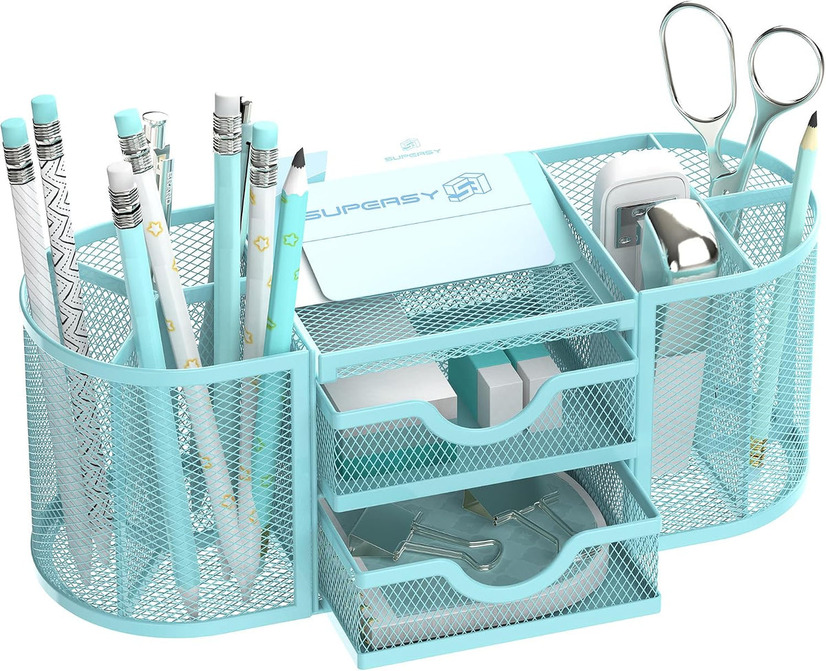 SUPEASY Mesh Desk Organizer, Desk Organizers and Accessories, Pen Holder with Drawers, Pencil Holder for Desk with 2 Drawer for Office Supplies, Black