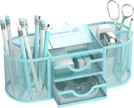 SUPEASY Mesh Desk Organizer, Desk Organizers and Accessories, Pen Holder with Drawers, Pencil Holder for Desk with 2 Drawer for Office Supplies, Black
