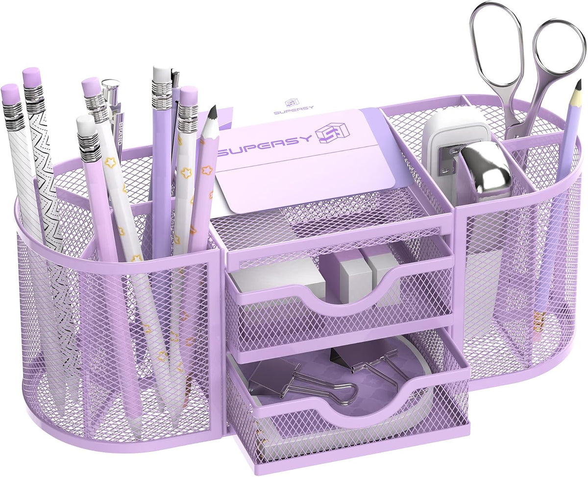 SUPEASY Mesh Desk Organizer, Desk Organizers and Accessories, Pen Holder with Drawers, Pencil Holder for Desk with 2 Drawer for Office Supplies, Black