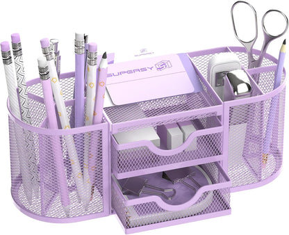 SUPEASY Mesh Desk Organizer, Desk Organizers and Accessories, Pen Holder with Drawers, Pencil Holder for Desk with 2 Drawer for Office Supplies, Black