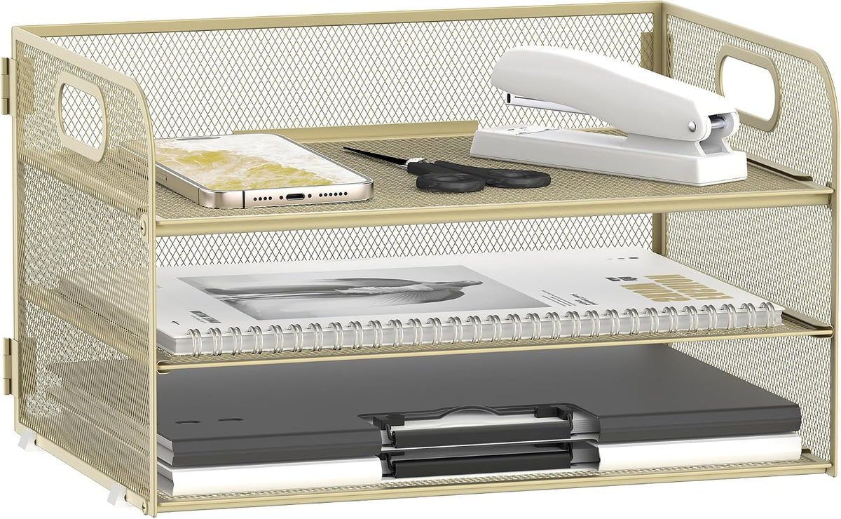 DALTACK 3 Tier Paper Organizer with Handle, Mesh Metal Desk Organizer with Sliding Paper Trays for Letter/A4 Paper, Mail, Bills & Folders, Black
