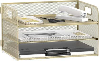 DALTACK 3 Tier Paper Organizer with Handle, Mesh Metal Desk Organizer with Sliding Paper Trays for Letter/A4 Paper, Mail, Bills & Folders, Black
