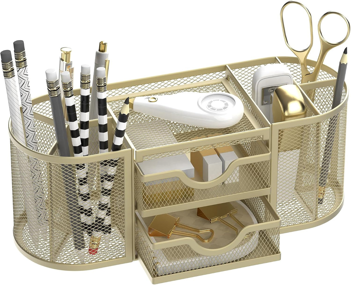 SUPEASY Mesh Desk Organizer, Desk Organizers and Accessories, Pen Holder with Drawers, Pencil Holder for Desk with 2 Drawer for Office Supplies, Black