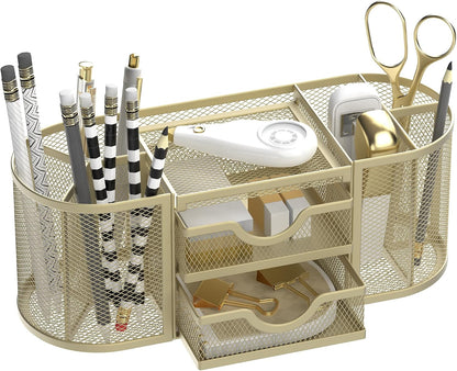SUPEASY Mesh Desk Organizer, Desk Organizers and Accessories, Pen Holder with Drawers, Pencil Holder for Desk with 2 Drawer for Office Supplies, Black