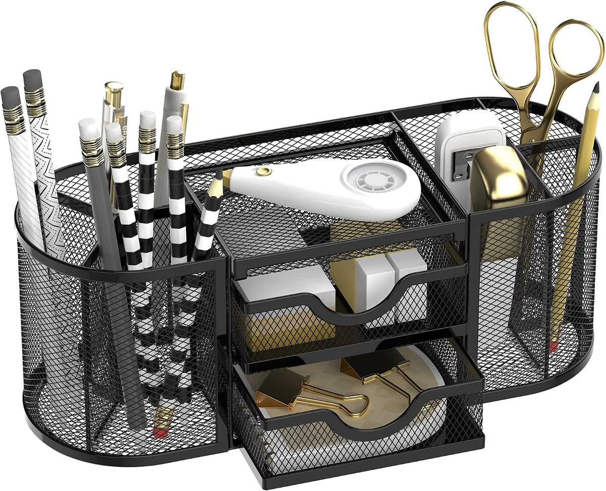 SUPEASY Mesh Desk Organizer, Desk Organizers and Accessories, Pen Holder with Drawers, Pencil Holder for Desk with 2 Drawer for Office Supplies, Black
