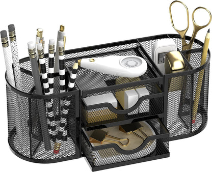 SUPEASY Mesh Desk Organizer, Desk Organizers and Accessories, Pen Holder with Drawers, Pencil Holder for Desk with 2 Drawer for Office Supplies, Black