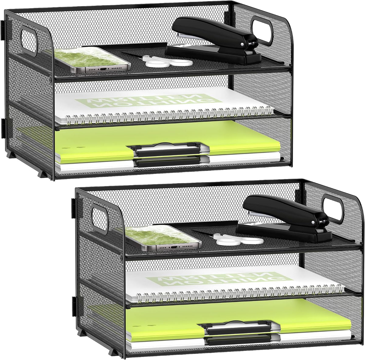 DALTACK 3 Tier Paper Organizer with Handle, Mesh Metal Desk Organizer with Sliding Paper Trays for Letter/A4 Paper, Mail, Bills & Folders, Black