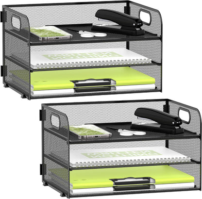 DALTACK 3 Tier Paper Organizer with Handle, Mesh Metal Desk Organizer with Sliding Paper Trays for Letter/A4 Paper, Mail, Bills & Folders, Black
